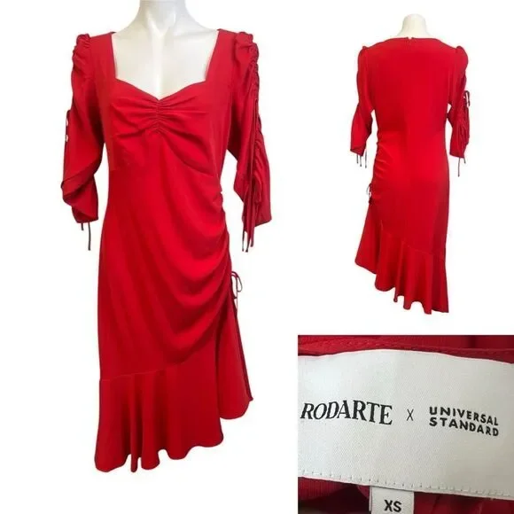 RODARTE X UNIVERSAL STANDARD dress Sz XS Red Ruched Tie Sleeve Ruffle midi - Picture 1 of 6